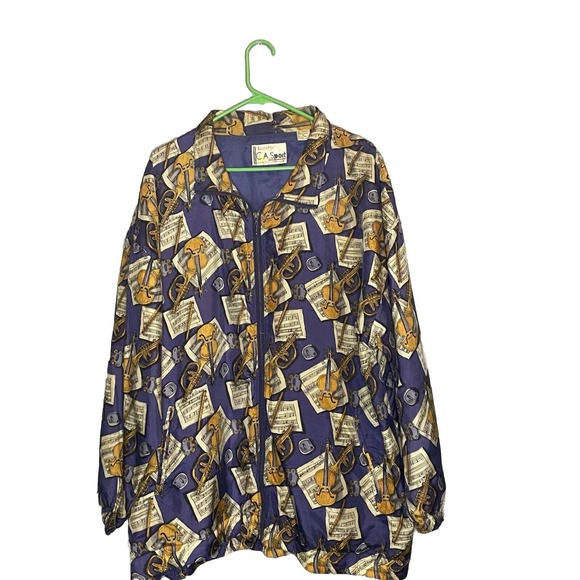 Lady CA SPORT Bomber Jacket Womens 1x Blue Silk Musical‎ Theme Vintage Full Zip - Picture 1 of 7